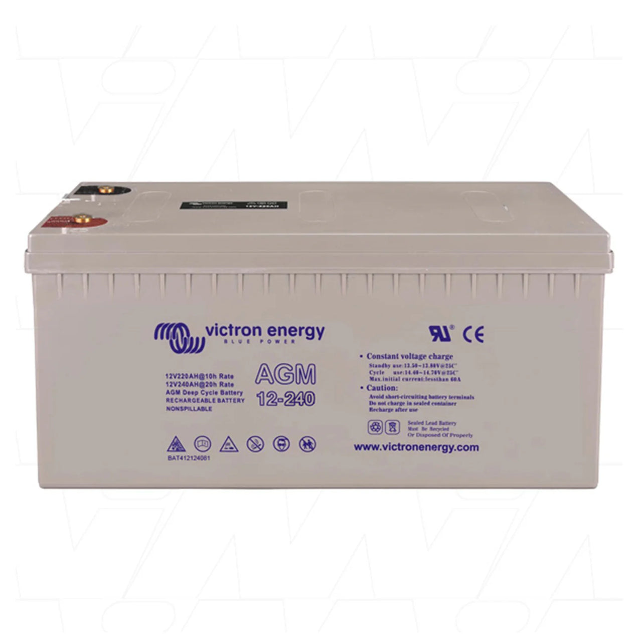 Victron 12V 240Ah AGM deep cycle battery showing copper terminals and technical specifications on grey casing