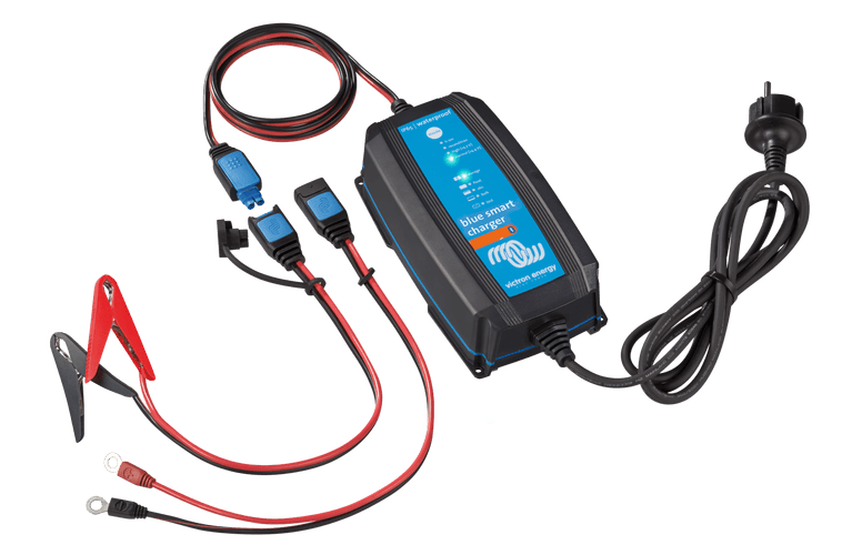 Victron 12V 25A battery charger with included battery clamps, M8 eyelet connectors and AU/NZ mains plug