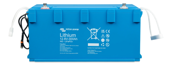 Front view of blue Victron 12V 300Ah Smart NG lithium battery with carry handles and BMS cables