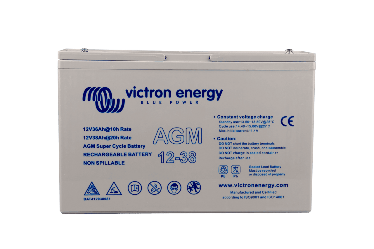Victron 12V 38Ah AGM Super Cycle battery showing front label with specifications and top terminals