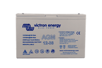 Victron 12V 38Ah AGM Super Cycle battery showing front label with specifications and top terminals