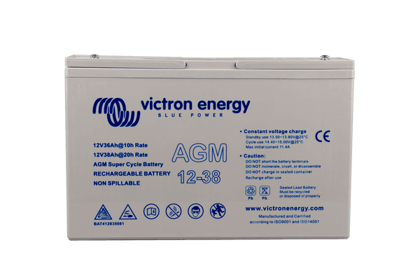 Victron 12V 38Ah AGM Super Cycle battery showing front label with specifications and top terminals