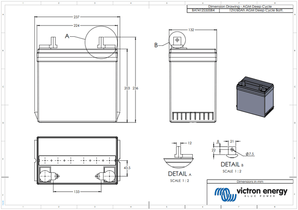 Dimensional drawing of Victron 12V 60Ah AGM battery showing technical measurements