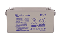 Front view of a grey Victron 12V 90Ah AGM deep cycle battery with specifications and safety icons