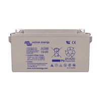 Front view of a grey Victron 12V 90Ah AGM deep cycle battery with specifications and safety icons