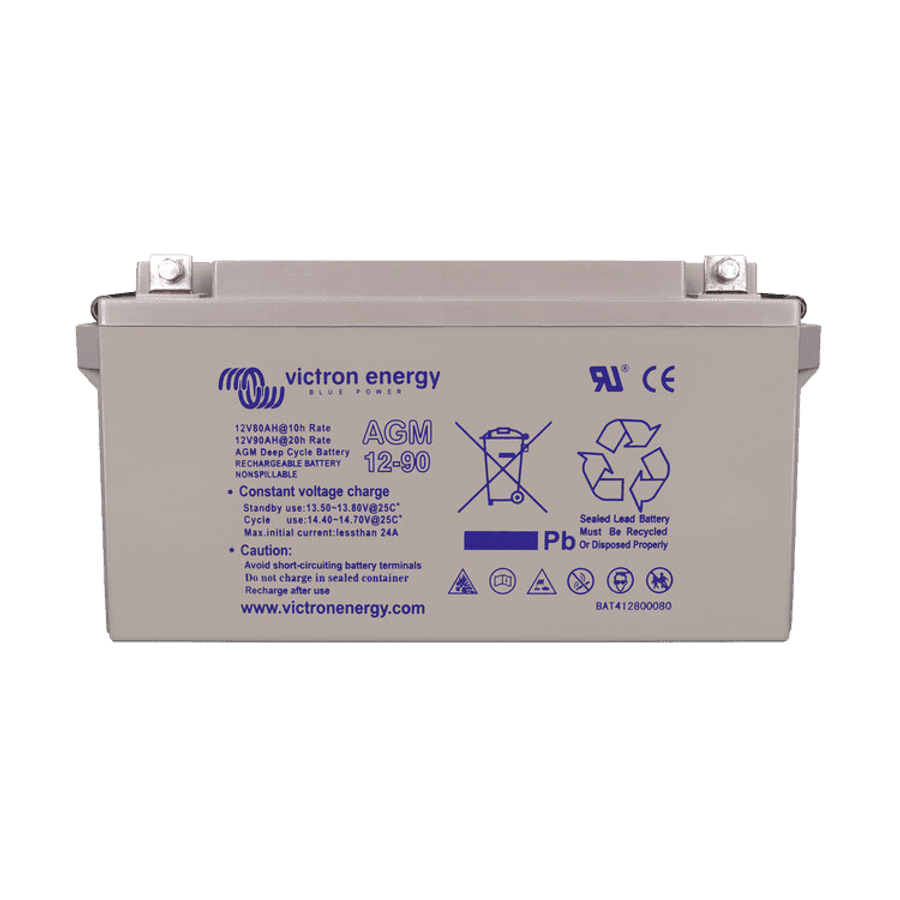 Front view of a grey Victron 12V 90Ah AGM deep cycle battery with specifications and safety icons