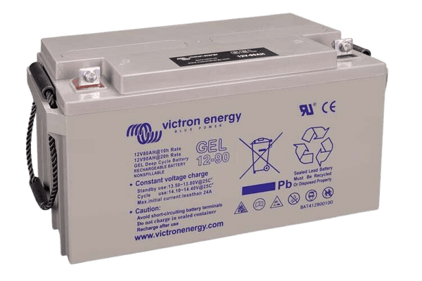 Side perspective of Victron 12V 90Ah rechargeable gel battery
