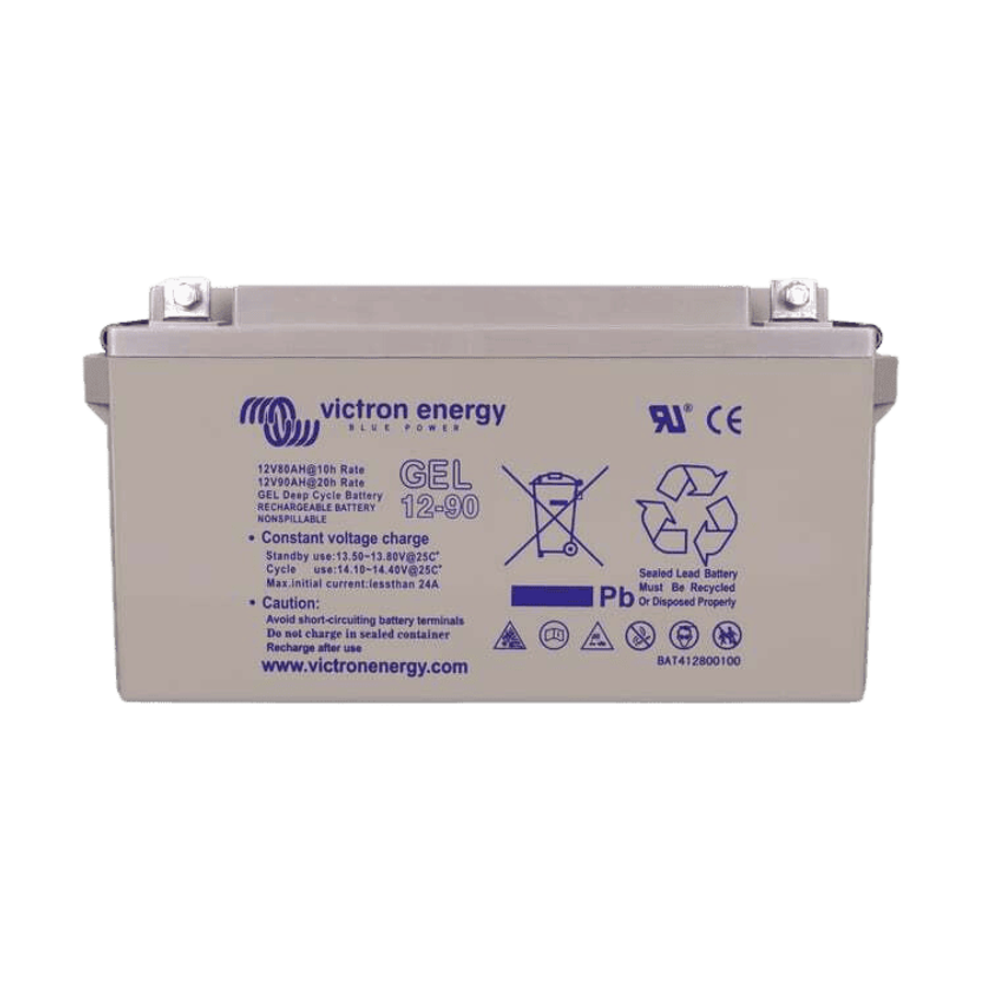 Front view of Victron 12V 90Ah gel deep cycle battery with technical specifications and bolt terminals