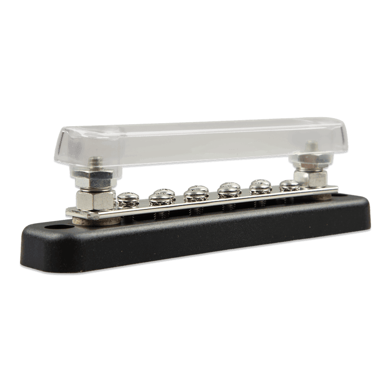 Side view of Victron 150A 2P busbar with clear protective cover and 10 terminal screws