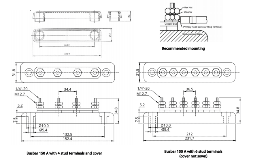 Dimensional drawings for 150A busbar showing 4 and 6 terminal versions and mounting details
