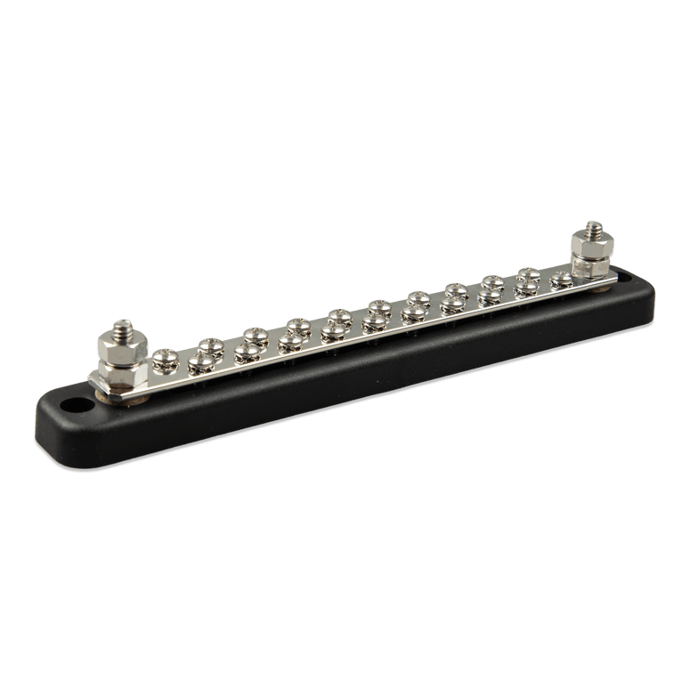 Victron 150A busbar without cover showing 20 screw terminals and two larger studs