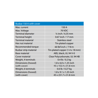 Technical specifications table for Victron 150A busbar showing electrical and material data