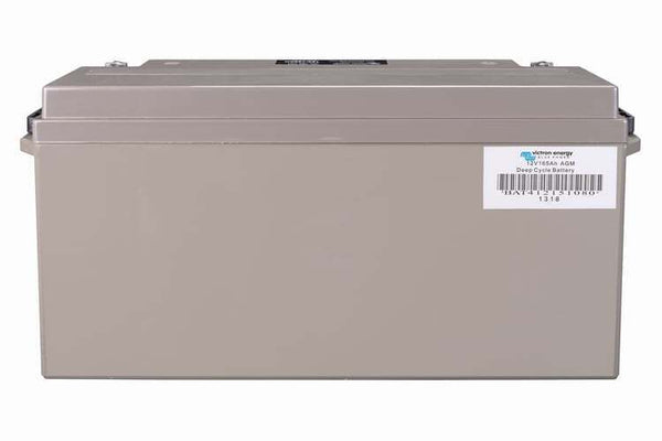 Rear view of Victron 12V 165Ah AGM battery showing grey casing and side barcode label