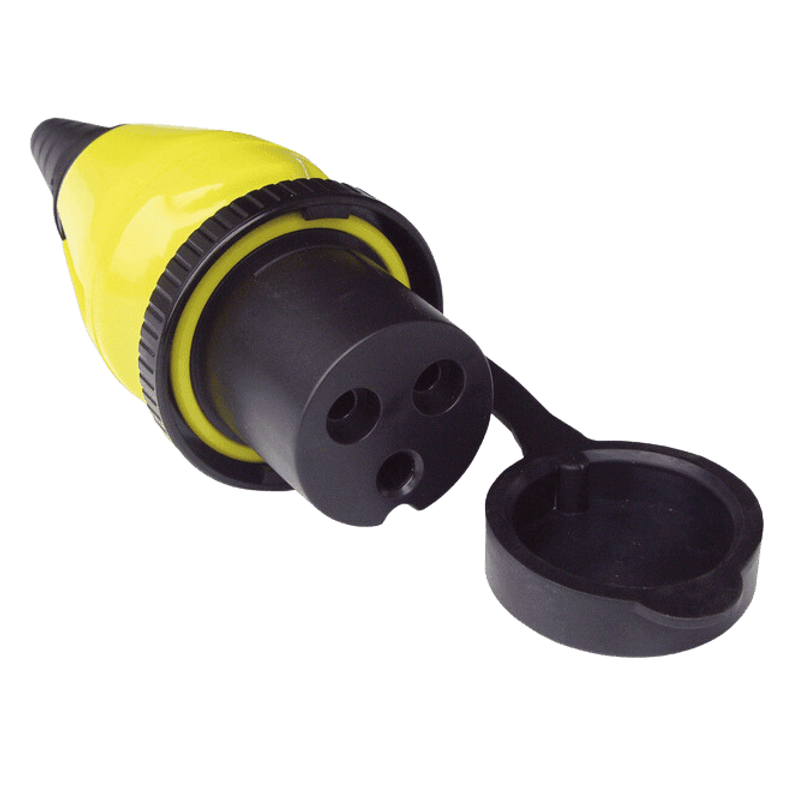 Yellow 16A shore power plug with 3-pin female connector and tethered protective cap