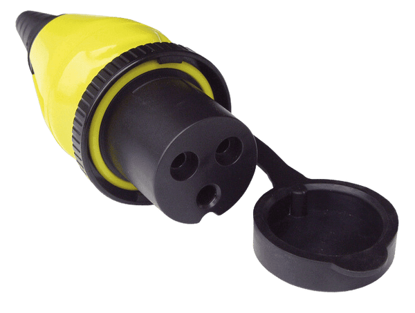 Yellow 16A shore power plug with 3-pin female connector and tethered protective cap