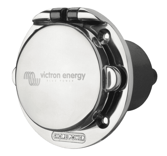 Victron 16A stainless steel shore power inlet with closed protective cover at an angle