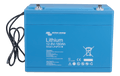 Slight high angle view of blue Victron lithium battery showing top casing and terminals