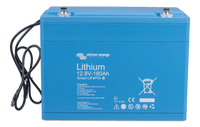 Slight high angle view of blue Victron lithium battery showing top casing and terminals