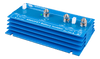 Angled view of blue 200A battery isolator showing output terminals and labels