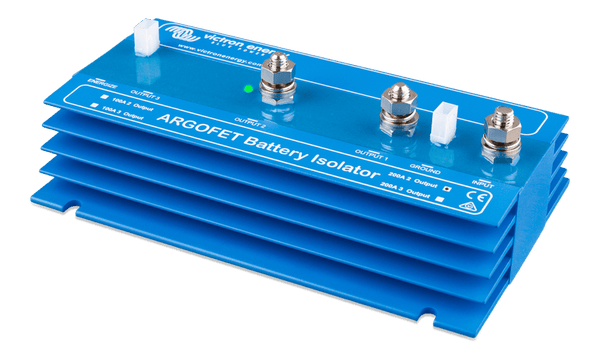 Angled view of blue 200A battery isolator showing output terminals and labels