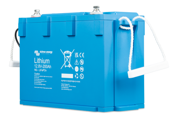 Perspective view of a Victron lithium battery showing handles and terminals