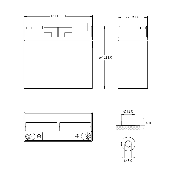 Technical diagram of the 20Ah SuperPack battery with metric dimensions and terminal details