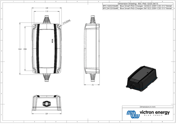 Dimensional drawing showing physical measurements and mounting points for the 24V 13A charger