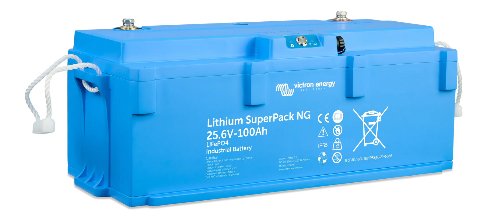 Perspective view showing the mounting base and side profile of the blue lithium battery