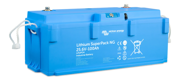 Perspective view showing the mounting base and side profile of the blue lithium battery
