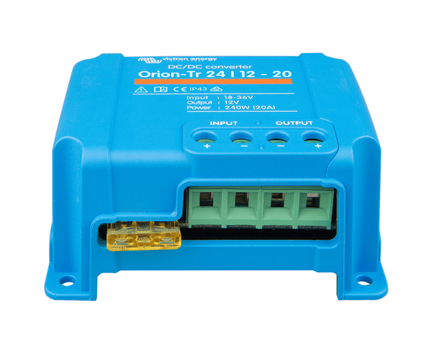 Perspective view of blue Victron converter with green terminal block and yellow blade fuse
