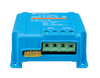 Perspective view of blue Victron converter with green terminal block and yellow blade fuse