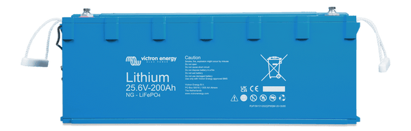 Victron 24V 200Ah Smart NG LiFePO4 battery in blue enclosure with front-facing specifications