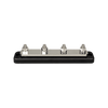 Profile view of a black 4-terminal busbar with silver-coloured studs and nuts