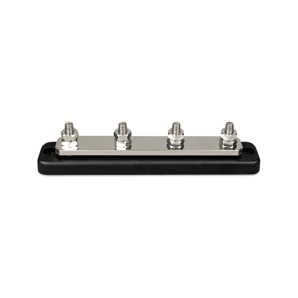 Profile view of a black 4-terminal busbar with silver-coloured studs and nuts