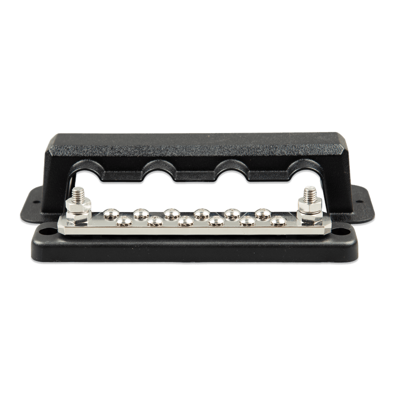 Front view of high-current 250A busbar with 12 terminals and dual 8mm studs