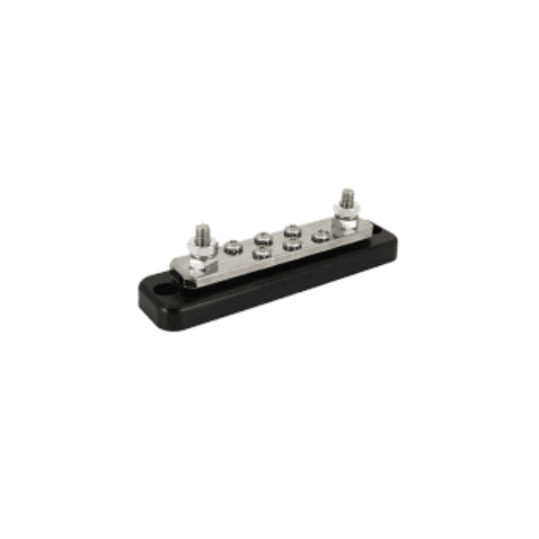 Victron 250A busbar with two terminal studs and six connection screws on a black ABS base