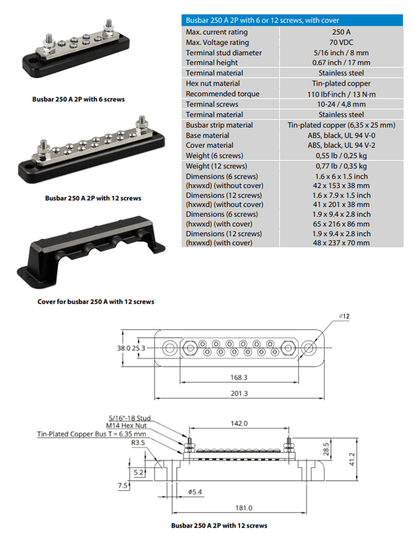 Engineering drawing and specification table for Victron 250A 2P busbar series