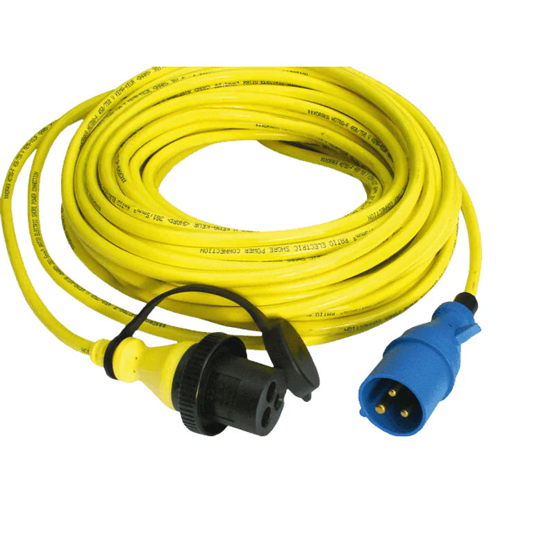 Coiled 25m yellow shore power cord with blue 16A male plug and black female connector