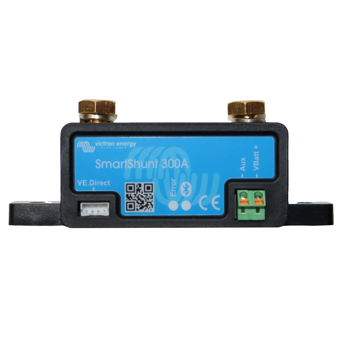 Front view of Victron 300A SmartShunt showing VE.Direct port, status LEDs and terminal block