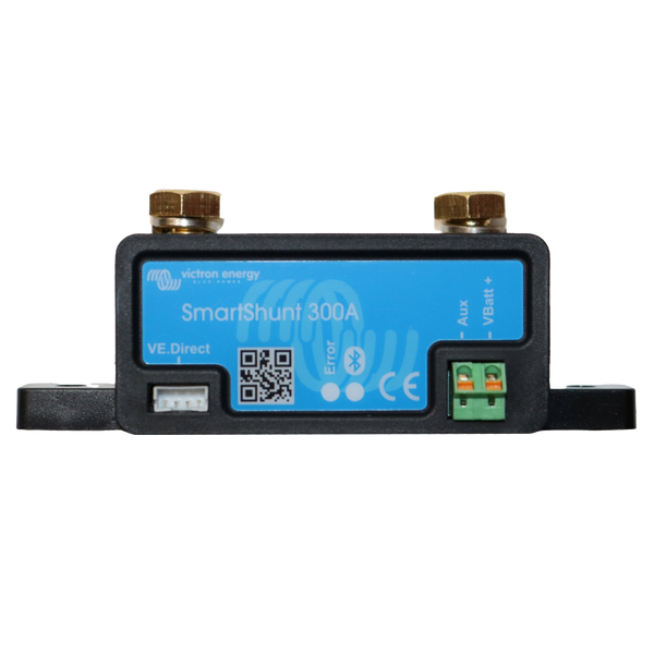 Front view of a Victron SmartShunt 300A battery monitor with interface ports and status labels