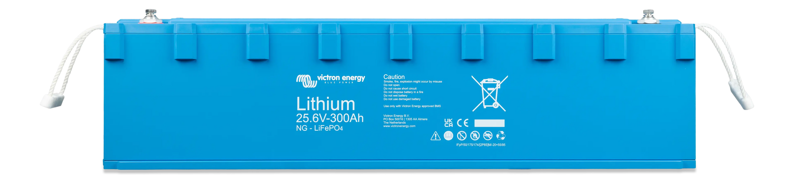 Front view of the blue Victron Smart NG 25.6V 300Ah lithium battery