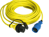 Coiled yellow 25m shore power cord with blue 3-pin male plug and female connector with protective cap