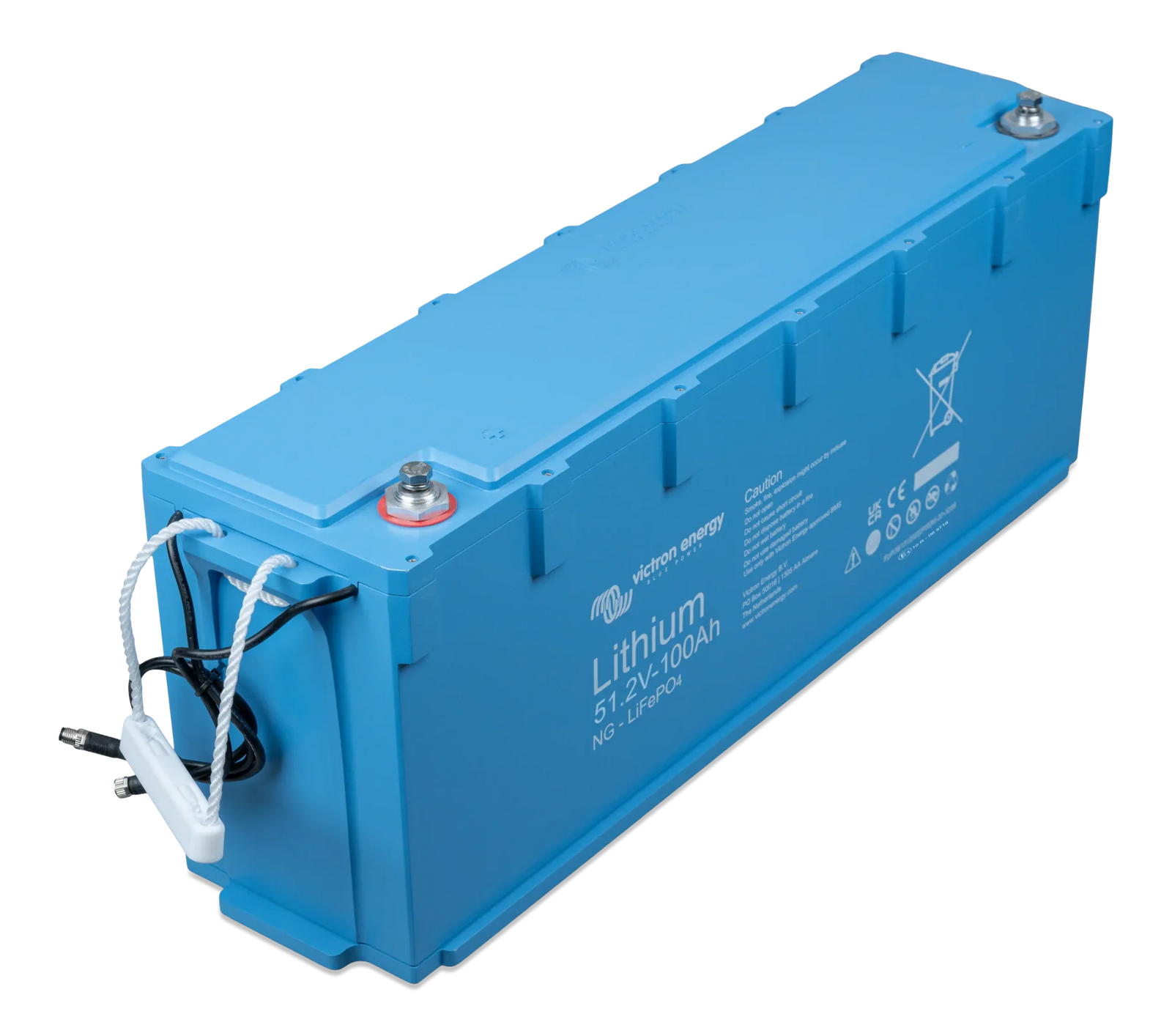 Angled view of the slimline 48V 100Ah Victron lithium battery in its signature blue enclosure