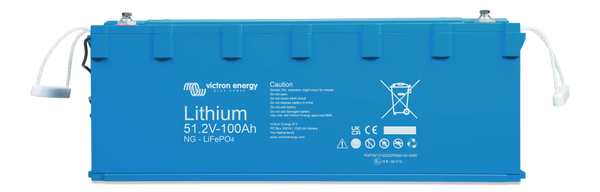 Front view of Victron 48V 100Ah Smart NG lithium battery with blue IP65 case and rope handles