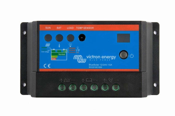 Front view of black and blue Victron BlueSolar PWM-Light solar charge controller showing terminal blocks and interface