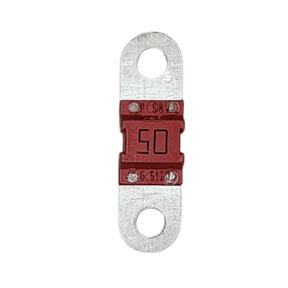 50A 58V MIDI fuse with metallic finish and circular mounting holes on a white background