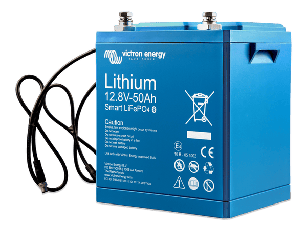 Angled view of 12V 50Ah smart lithium battery showing blue protective casing and top terminals