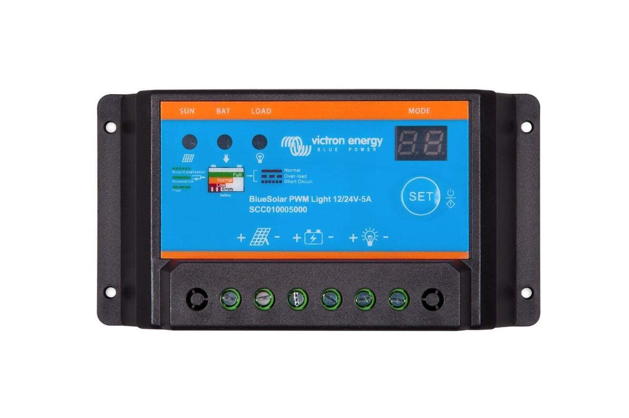 Front view of Victron 12/24V 5A BlueSolar PWM-Light solar charge controller showing terminal ports and status indicators