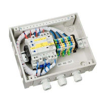 Internal view of Victron 5KVA transfer switch showing contactor, wiring and labelled terminal blocks