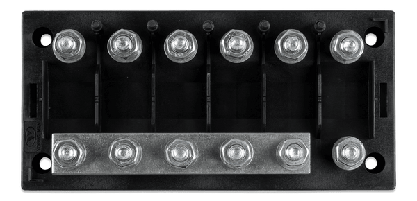 Top-down technical view of 6-way fuse holder base and electrical terminals